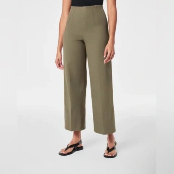 NWT Spanx Stretch Twill Cropped Wide Leg Pant Pull On Smooth Front | Olive | L - Picture 1 of 12